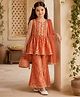 Bella Moda Woven Sleeveless Leaves Foil Printed & Gota Lace Embellished Coordinating Peplum Top & Palazzo With Dupatta Set - Orange