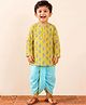 Campana 100% Cotton Woven Full Sleeves Floral Printed Kurta & Dhoti Set - Light Yellow & Light Blue