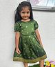 LITTLE INDIAN Blended Woven Half Sleeves Zari Work Embellished Dress - Olive Green