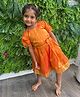 LITTLE INDIAN Blended Woven Half Sleeves Zari Work Embellished Dress - Orange
