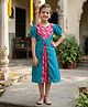 LITTLE INDIAN Blended Woven Half Puffed Sleeves Floral Printed Dress - Teal