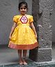 LITTLE INDIAN Blended Woven Half Sleeves Peacock Embroidered Patch Detailed Dress - Yellow
