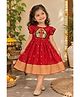 LITTLE INDIAN Blended Woven Half Sleeves Peacock Embroidered Patch Detailed Dress - Red