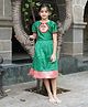 LITTLE INDIAN Blended Woven Half Sleeves Peacock Embroidered Patch Detailed Dress - Green