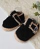 Woonie Hand Knitted Solid Button Closure Booties - Black