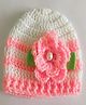 Knits & Knots Hand Knitted Floral Applique Detailed Cap - White & Pink - Circumference 33 Cm