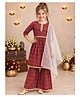 ISHTI Cotton Woven Three Fourth Sleeves Floral Printed Kurti Sharara & Dupatta Set - Maroon