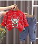 POP STREET KIDS Cotton Blend Knit Full Sleeves Bear Patch Detailed Winter Sweatshirt & Jeans Set - Red