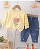 POP STREET KIDS Cotton Blend Knit Full Sleeves Floral Applique Detailed Winter Sweatshirt & Jeans Set - Yellow