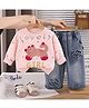 POP STREET KIDS Cotton Blend Knit Full Sleeves Cat Patch Detailed Winter Sweatshirt & Jeans Set - Pink