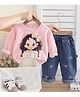 POP STREET KIDS Cotton Blend Knit Full Sleeves Girl Printed Winter Sweatshirt & Jeans Set - Pink