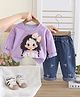 POP STREET KIDS Cotton Blend Knit Full Sleeves Girl Printed Winter Sweatshirt & Jeans Set - Purple