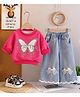 POP STREET KIDS Cotton Blend Knit Full Sleeves Butterfly Embroidered Winter Sweatshirt & Jeans Set - Pink