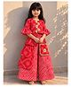TINY MINY MEE Cotton Blend Woven Three Fourth Bell Sleeves Bandhani Printed Top & Palazzo With Attached Purse Set - Red