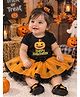 TINY MINY MEE Cotton Blend Half Sleeves Bodysuit and Tutu Skirt with Happy Halloween Text and Pumpkin Print - Orange & Black