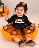 TINY MINY MEE Cotton Blend Full Sleeves Bodysuit and Tutu Skirt with Hey Pumpkin Text and Bat Patch - Black & Orange