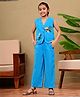 FlyFinns Cotton Woven Sleeveless Floral & Bird Embroidered Waistcoat Style Top & Pants Set - Turquoise