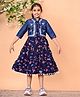 FlyFinns Woven Floral Printed Dress With Three Fourth Sleeves Jacket Set - Navy Blue