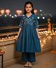 FlyFinns Silk Woven Three Fourth Sleeves Floral Embroidered Kurti & Palazzo Set - Teal Blue
