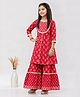FlyFinns Cotton Woven Three Fourth Sleeves Floral Printed Kurti & Sharara Set - Red