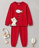 BLUSHES 100% Cotton Knit Full Sleeves Cat & Fish Printed Tee & Pajama Night Suit - Red