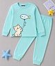 BLUSHES 100% Cotton Knit Full Sleeves Cat & Fish Printed Tee & Pajama Night Suit - Sea Green