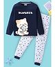 BLUSHES 100% Cotton Knit Full Sleeves Cat & Fish Printed Tee & Pajama Night Suit - Navy Blue & White