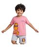Button Bear Cotton Knit Garfield Featuring Half Sleeves Character Printed Tee & Shorts - Pink & Grey