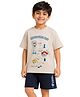 Button Bear Cotton Knit Paw Patrol Featuring Half Sleeves Characters Printed Tee & Shorts Set - Beige & Navy Blue