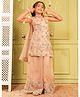 AJ Dezines Crinkled Crepe Woven Sleeveless Floral Embroidered Kurti & Palazzo With Dupatta Set - Fawn