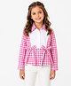CrayonFlakes Cotton Seer Sucker Woven Collared Top with Full Sleeves and Bow Applique with Checks - Pink