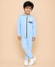 The Mom Store Terry Knit Full Sleeves Cat Printed Hooded Jacket & Joggers Set - Sky Blue