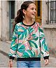 Tiara Fleece Knit Full Sleeves Leaves Printed Light Winter Sweatshirt - Green