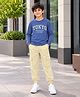 Trampoline Cotton Blend Knit Full Sleeves Tokyo Text Printed Tee & Joggers Set - Blue & Beige