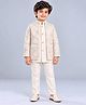 Fourfolds Cotton Blend Woven Solid Sherwani & Pants With Full Sleeves Geometric Embroidered Jacket Set - Cream