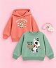 Kidbea Cotton Knit Pack Of 2 Full Sleeves Puppy & Mouse Printed Light Winter Hooded Sweatshirt - Pink & Green