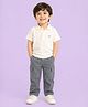 Kidbea Bamboo Woven Half Sleeves Brand Logo Embroidered Tee & Pants Set - Cream & Grey