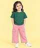 Kidbea Cotton Knit Half Sleeves Solid Tee & Pants Set - Green & Pink
