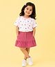 Kidbea Cotton Woven Half Sleeves Floral Printed Tee & Skirt Set - White & Dark Pink