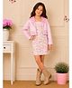 Cutecumber Fleece Knit Floral Printed Dress With Full Sleeves Pearl Embellished Shrug - Pink