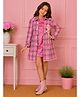 Cutecumber Fleece Woven Solid Dress With Full Sleeves Checked Jacket Set - Fuchsia Pink