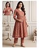 Dummy Shape Cotton Rayon Woven Three Fourth Sleeves Floral Motifs Printed Coordinating Maternity Kurti & Pants Set With Dual Side Zipper Nursing Access - Rust