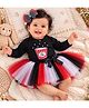 TINY MINY MEE Cotton Blend Mesh Full Sleeves Popcorn Printed & Pearl Embellished Onesie & Skirt With Headband Set - Multi Colour