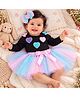 TINY MINY MEE Cotton Blend Mesh Full Sleeves Heart & Bow Applique Detailed Onesie & Skirt With Headband Set - Multi Colour
