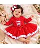TINY MINY MEE Cotton Blend Mesh Full Sleeves Popcorn Printed & Pearl Embellished Onesie & Skirt With Headband Set - Red