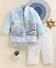 TINY TUX Satin Knit Full Sleeves Landscape Embroidered Kurta Pyjama & Jacket Set - Sea Green