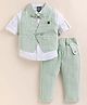 TINY TUX Linen Knit Half Sleeves Solid Shirt & Pants Set With Waistcoat - Green & White