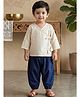 Snowflakes Cotton Silk Woven Three Fourth Sleeves Diamond Printed Jhabla Style Kurta & Harem Pants Set - Off White & Navy Blue
