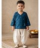 Snowflakes Rayon Woven Three Fourth Sleeves Floral Printed Jhabla Style Kurta & Harem Pants Set - Teal Blue & White