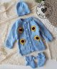 Woonie Handknitted Full Sleeves Floral Applique Detailed Sweater With Cap & Booties - Light Blue